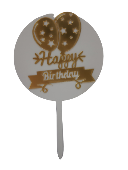 Nr 272 Acrylic Cake Topper Happy Birthday Balloons Gold & White