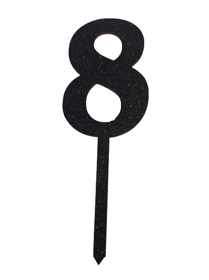 Nr8 Black wooden number topper with glitter. 7cm