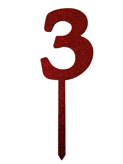 Nr3 Red wooden number topper with glitter. 7cm