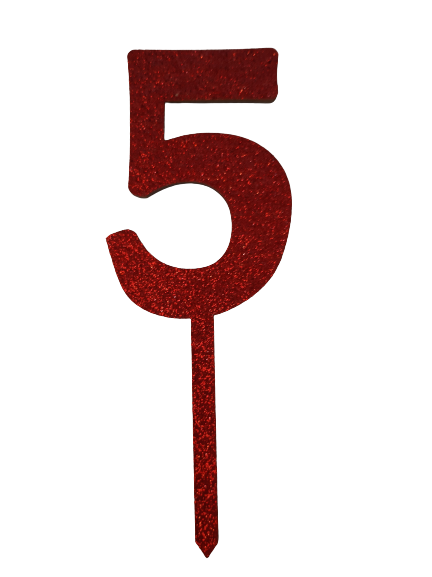 Nr5 Red wooden number topper with glitter. 7cm
