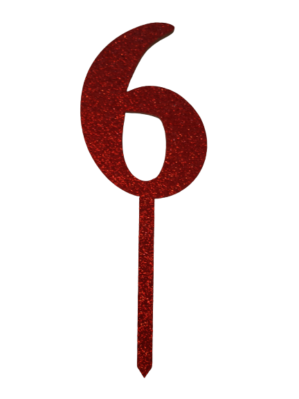 Nr6 Red wooden number topper with glitter. 7cm