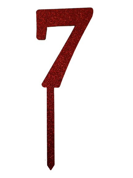 Nr7 Red wooden number topper with glitter. 7cm