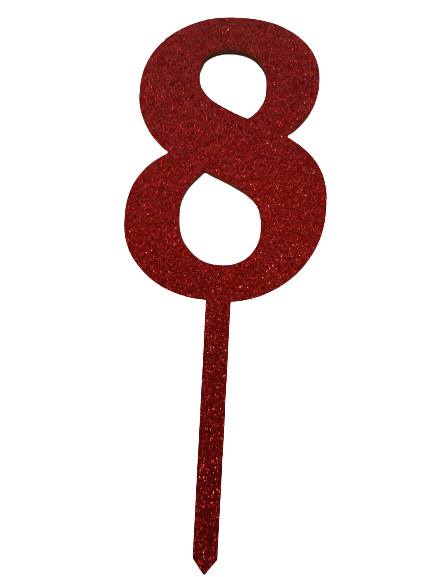 Nr8 Red wooden number topper with glitter. 7cm