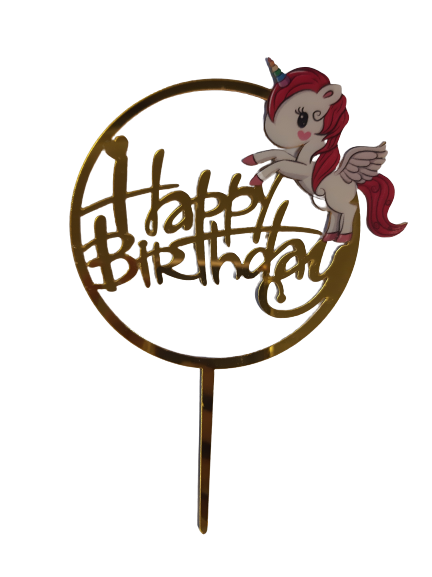 Nr293 Acrylic Cake Topper Happy Birthday Mirror Unicorn Gold
