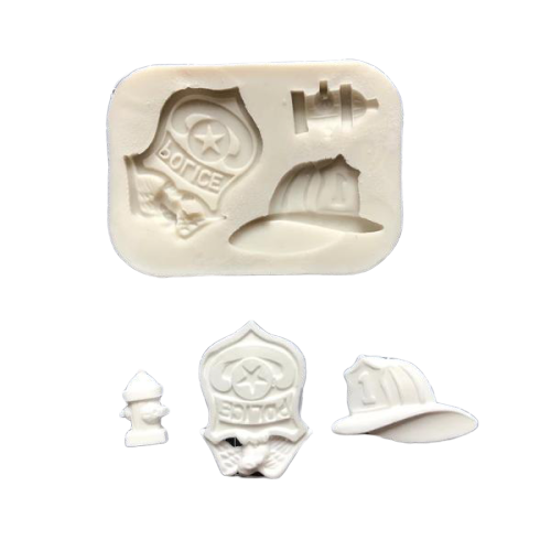 Silicone Mould Fire Department Theme, Police Hat 2.5x4cm, Badge 4.3cm