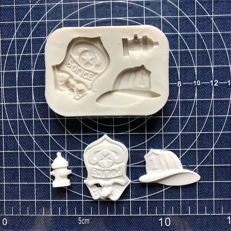 Silicone Mould Fire Department Theme, Police Hat 2.5x4cm, Badge 4.3cm