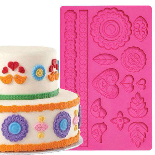 Silicone fondant / sugar paste mould flower border, birds, E