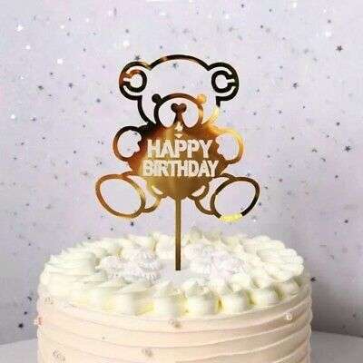 Nr148 Acrylic Cake Topper Happy Birthday Teddy Bear Gold