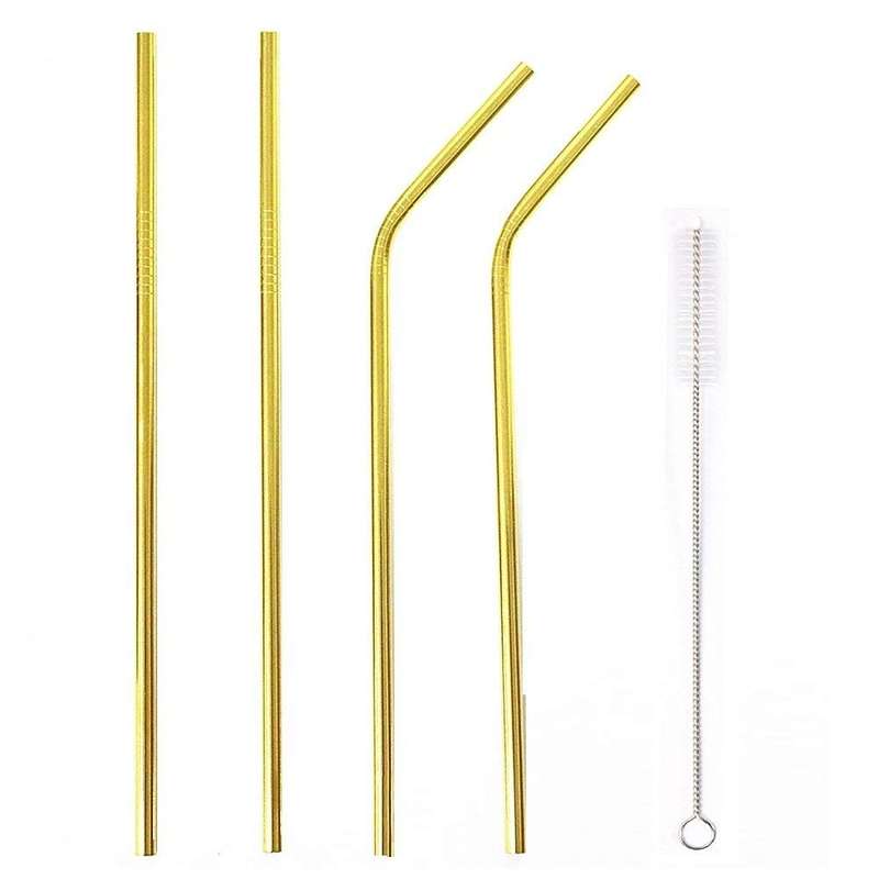 Metal straw, 4 per pack with cleaning brush, Gold