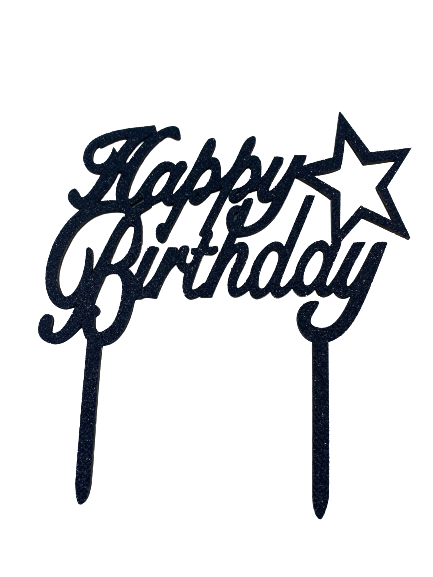 Nr36 Happy Birthday Wooden Cake Topper Glitter Black