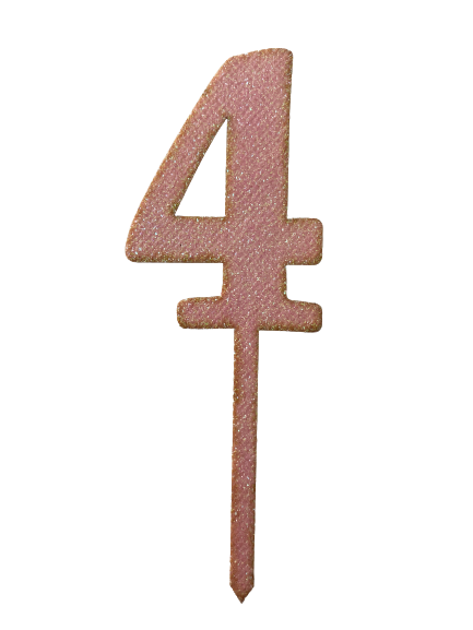 Nr4 Pink wooden number topper with glitter. 7cm