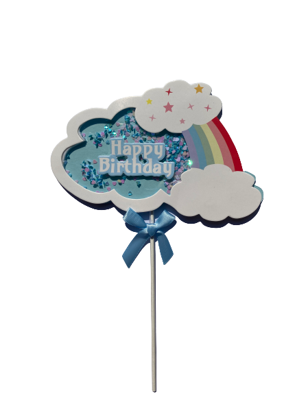 Happy birthday cardboard cake topper, blue rainbow, heart confetti