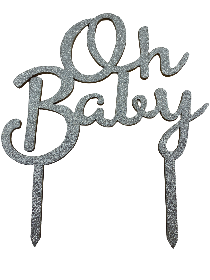 Nr39 Wooden Cake Topper Oh Baby Silver With Glitter