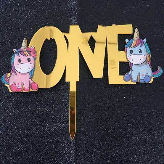 Nr106 Acrylic Cake Topper One Unicorn Small Gold