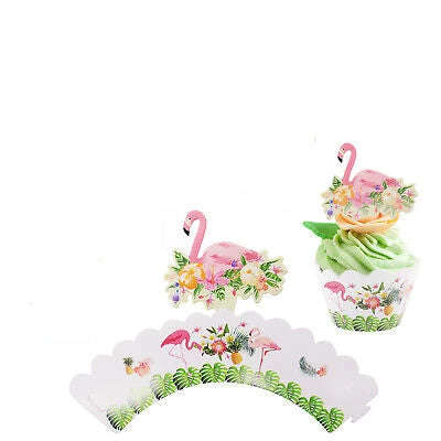 12 Flamingo cupcake wrappers with toppers