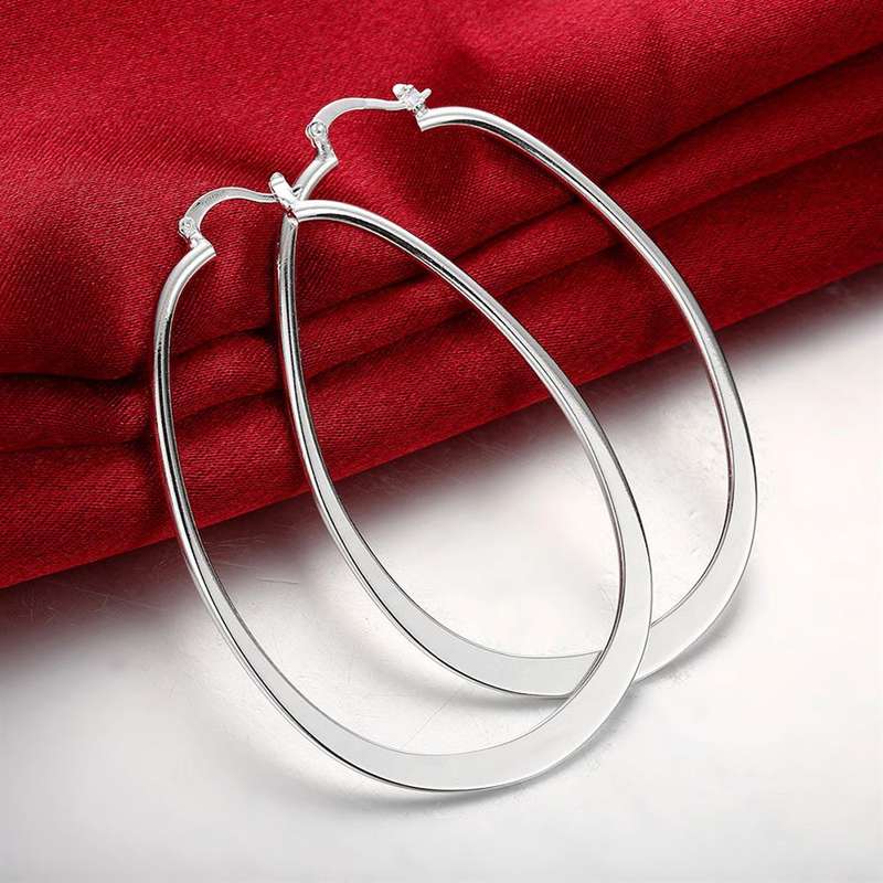 Lucky Silver - Silver Designer Large Oval Delicate Hoop Earrings - LOCAL STOCK - LSE001