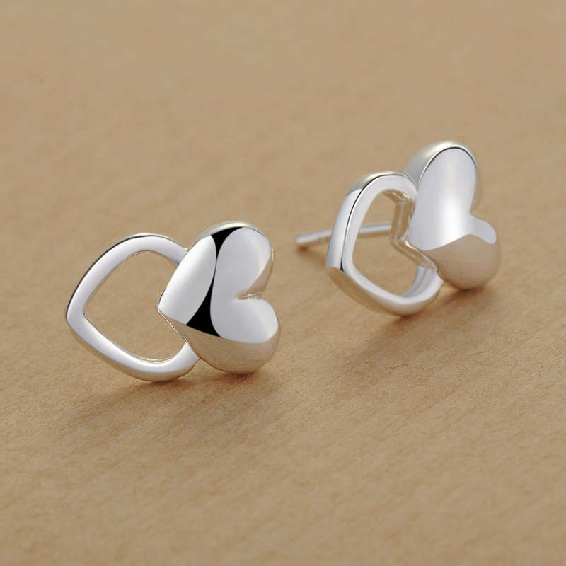 Lucky Silver - Silver Designer Double Heart Stud Earrings - LOCAL STOCK - LSE285