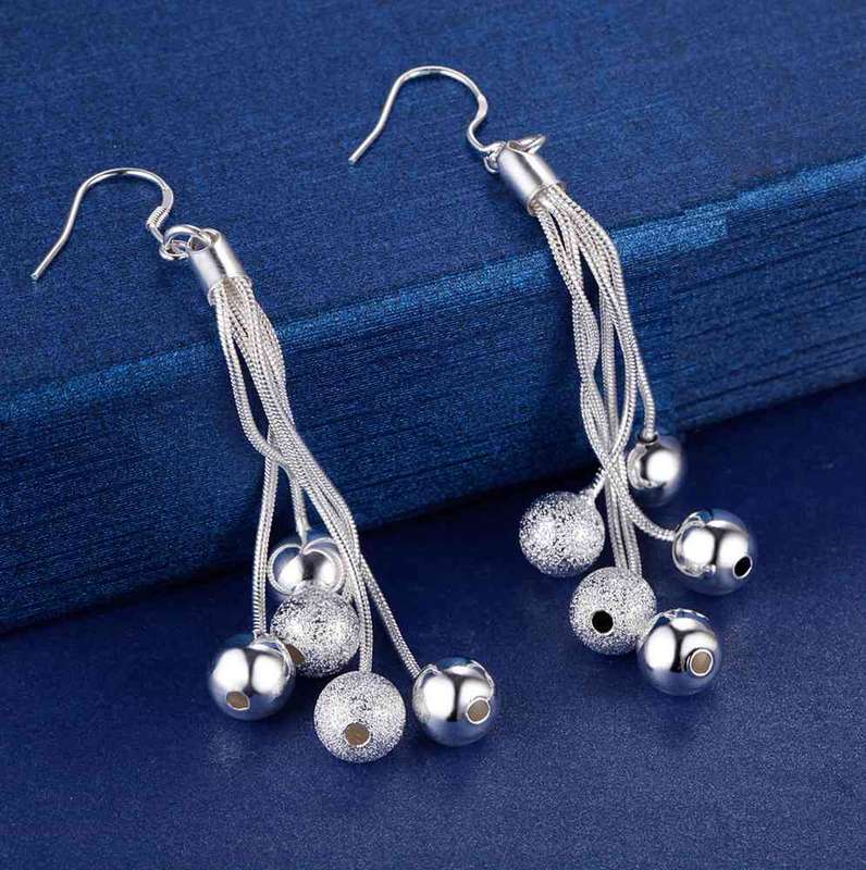 Lucky Silver - Silver Designer Ball on 5 String Dangle Earrings - LOCAL STOCK - LSE324
