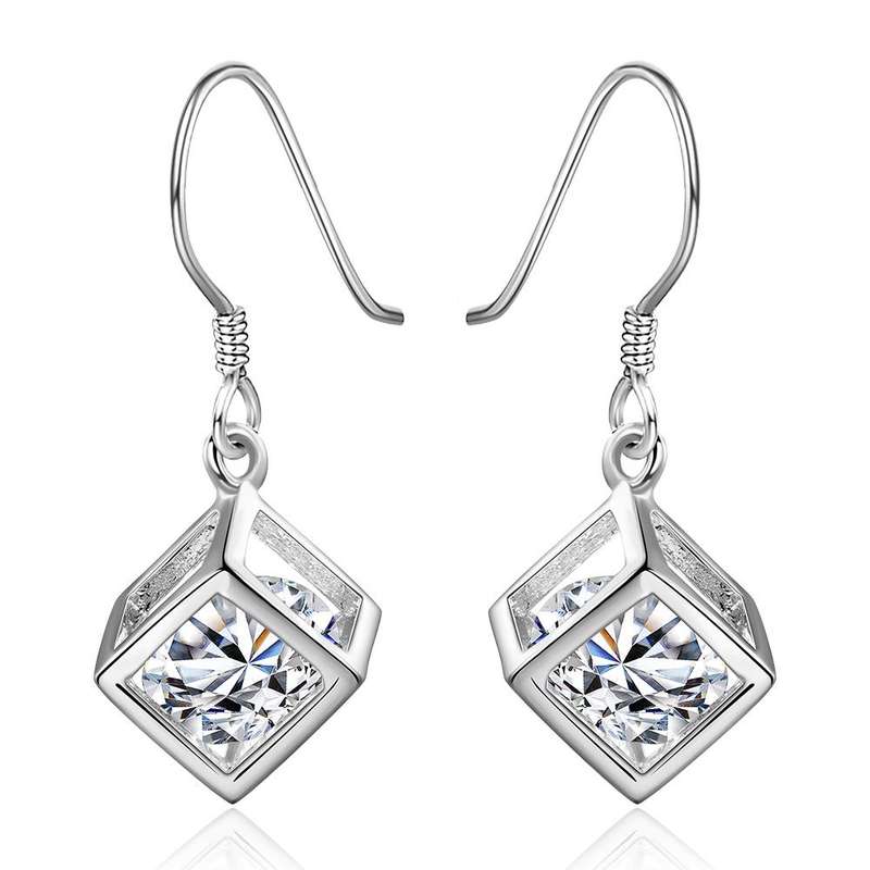 Lucky Silver - Silver Designer Cubed Swarovski Crystal Earrings - LOCAL STOCK - LSE583