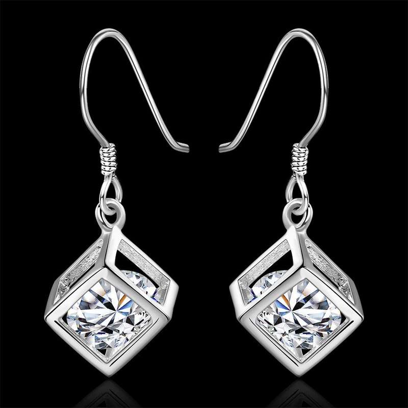 Lucky Silver - Silver Designer Cubed Swarovski Crystal Earrings - LOCAL STOCK - LSE583