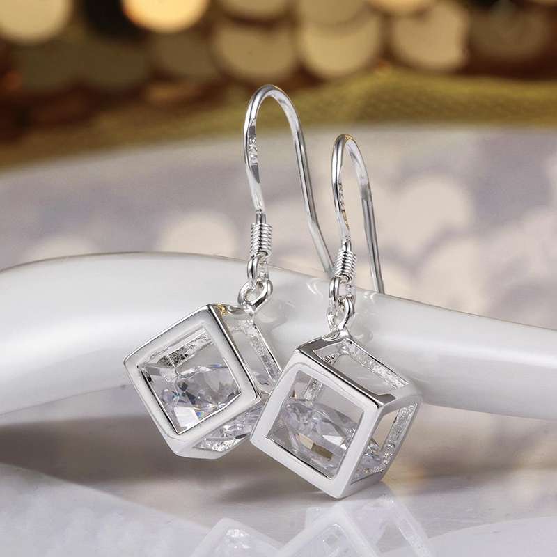 Lucky Silver - Silver Designer Cubed Swarovski Crystal Earrings - LOCAL STOCK - LSE583