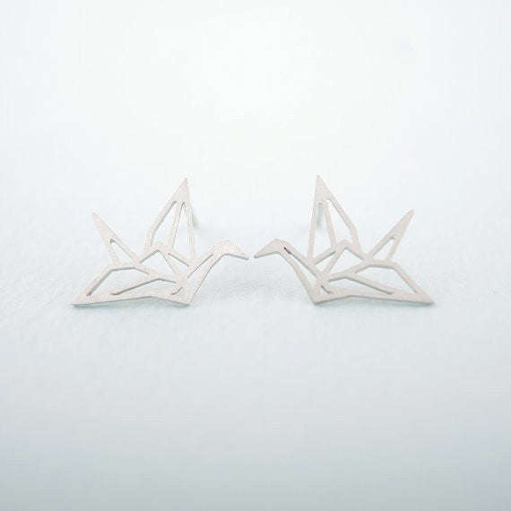 Silver Designer Origami Bird Earrings - Silver