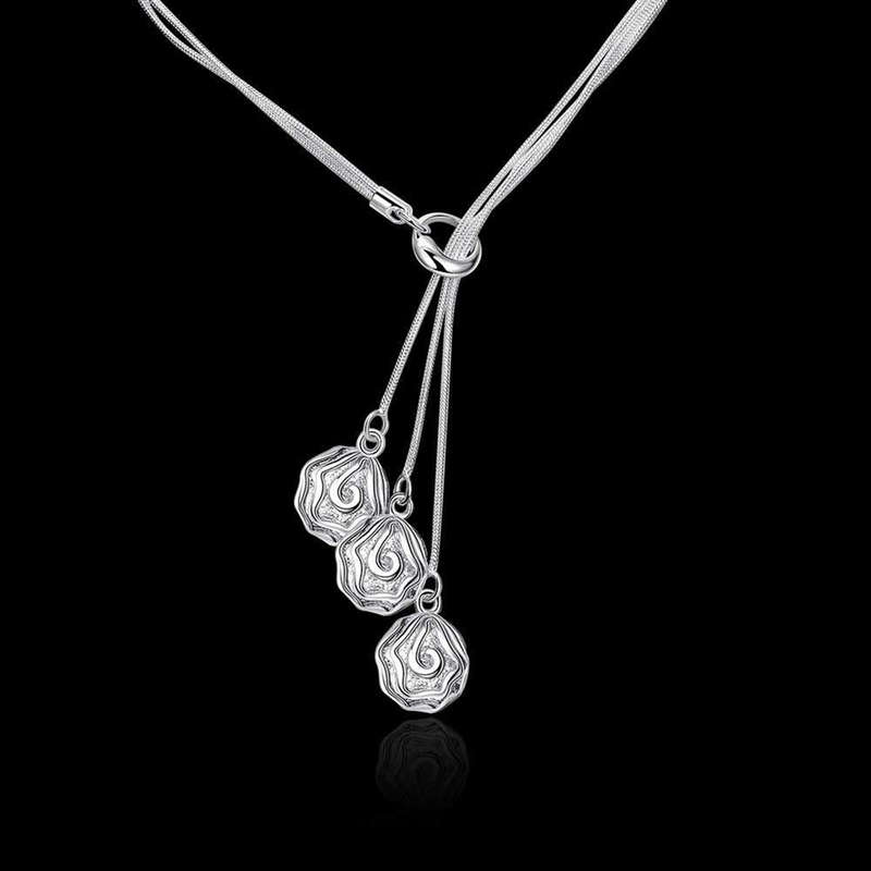 Lucky Silver - Silver Designer 3 String Lariat Necklace - Rose Pendants - LOCAL STOCK - LSN049