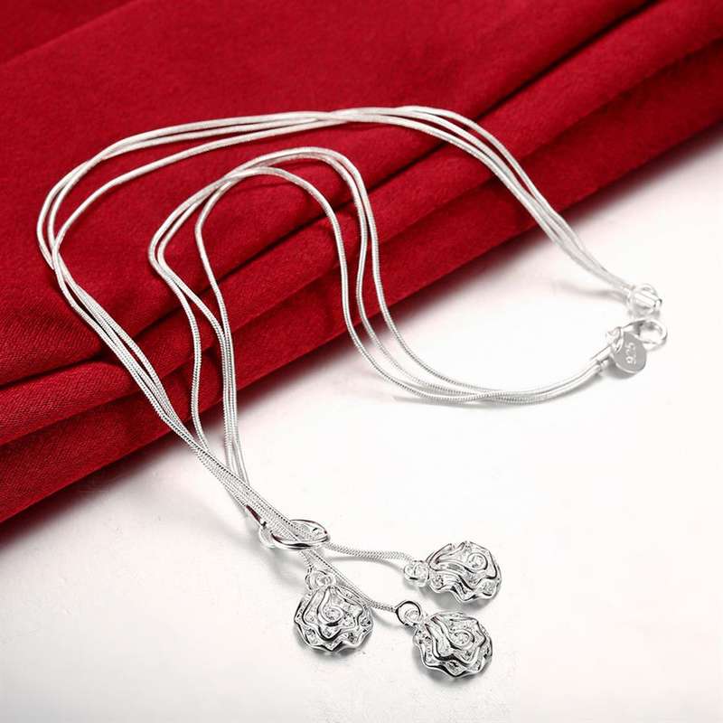 Lucky Silver - Silver Designer 3 String Lariat Necklace - Rose Pendants - LOCAL STOCK - LSN049