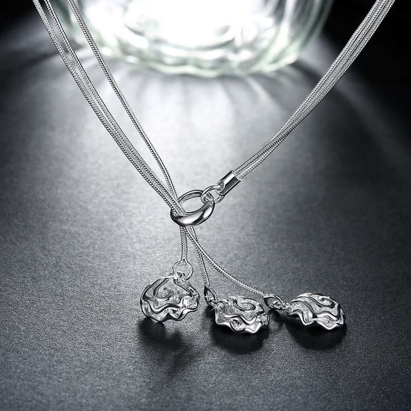 Lucky Silver - Silver Designer 3 String Lariat Necklace - Rose Pendants - LOCAL STOCK - LSN049
