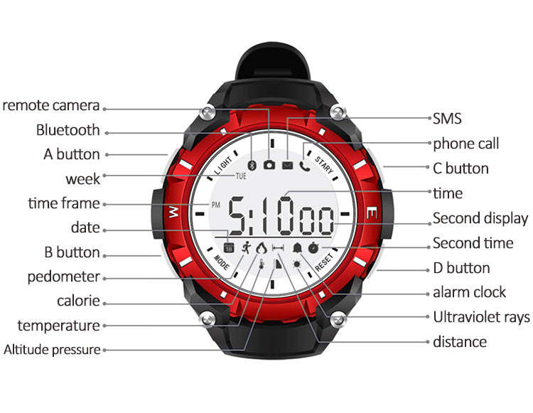 Waterproof Bluetooth Health & Fitness Tracker Sports Watch - Red