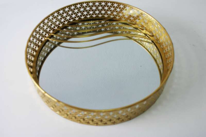 Round Golden Metal Mirror Tray Medium Size