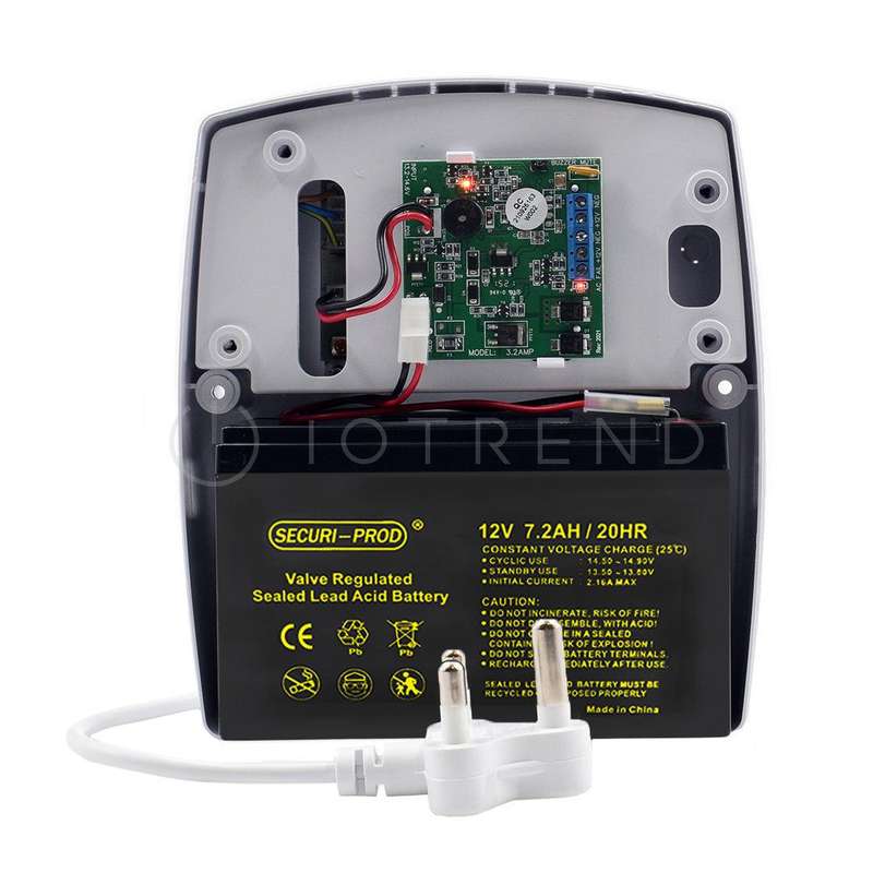 SherloTronics Battery Backup Power Supply 12V 3.2 Amp with Securi Prod 7.2Amp Battery