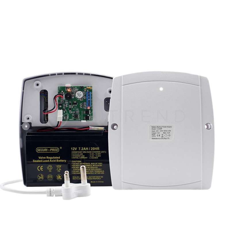 SherloTronics Battery Backup Power Supply 12V 3.2 Amp with Securi Prod 7.2Amp Battery