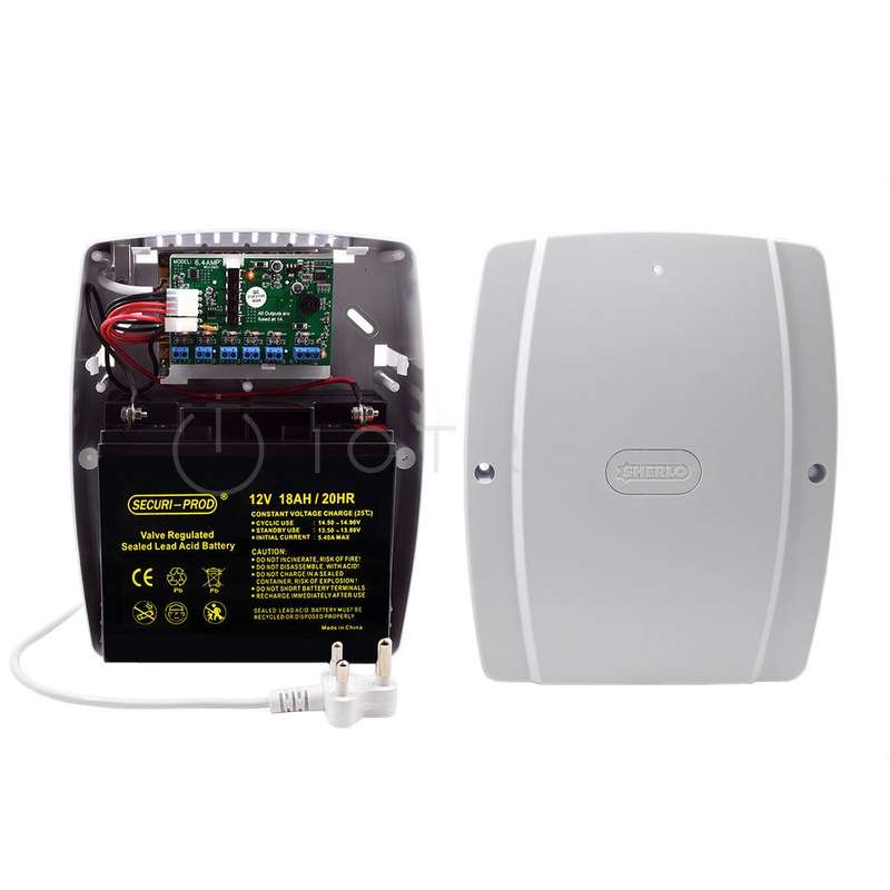SherloTronics Battery Backup Power Supply 12V 6.4 Amp with Securi Prod 18Amp Battery