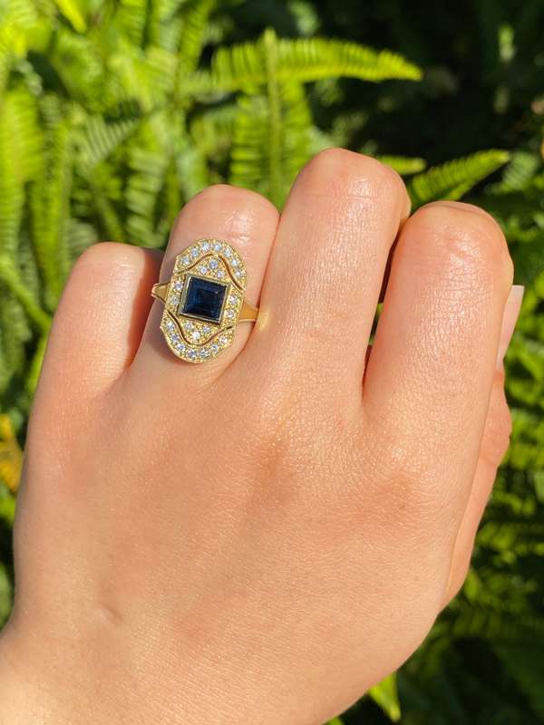 14K gold Art Deco style sapphire and diamond ring.