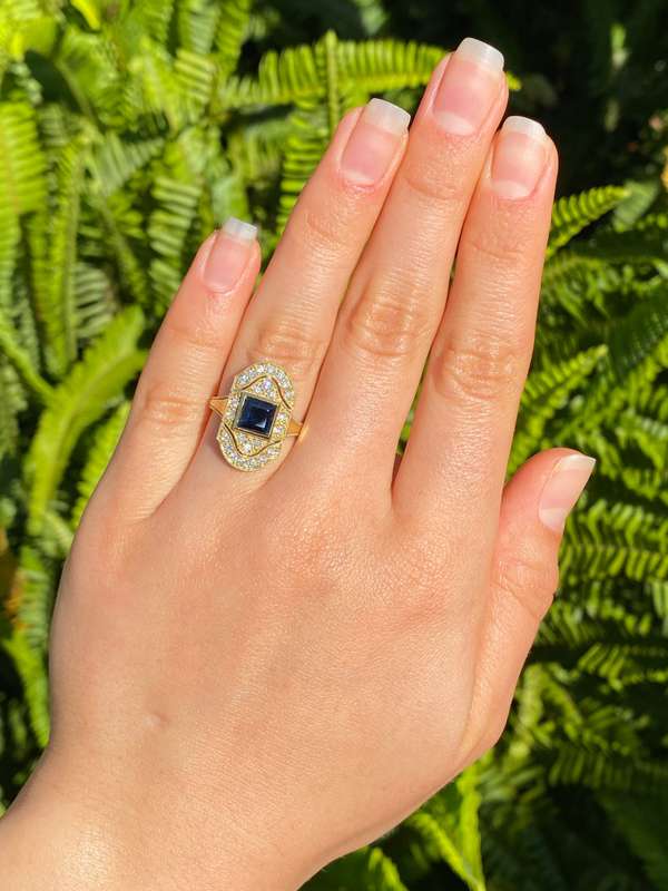14K gold Art Deco style sapphire and diamond ring.