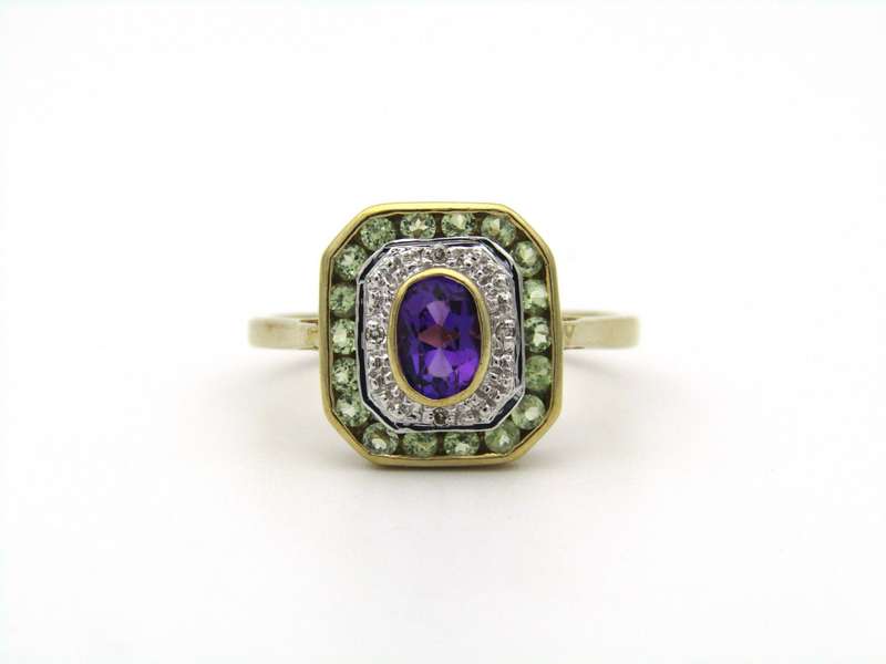 9K gold amethyst, prasiolite, and diamond ring.