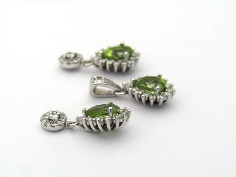 18K gold peridot and diamond earrings and pendant.