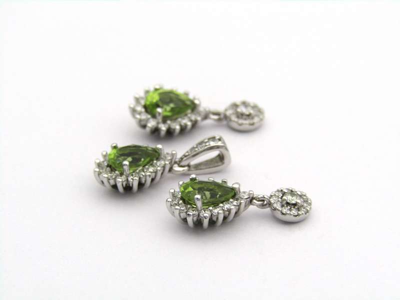 18K gold peridot and diamond earrings and pendant.