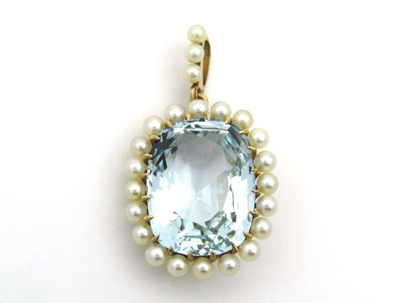 14K gold Victorian aquamarine and seed pearl pendant, circa 1880.