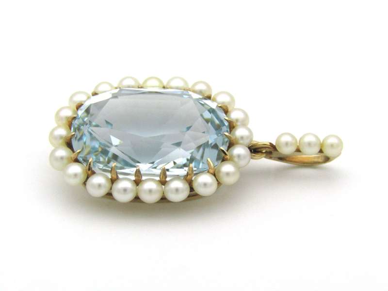 14K gold Victorian aquamarine and seed pearl pendant, circa 1880.