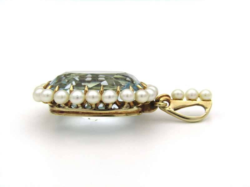 14K gold Victorian aquamarine and seed pearl pendant, circa 1880.