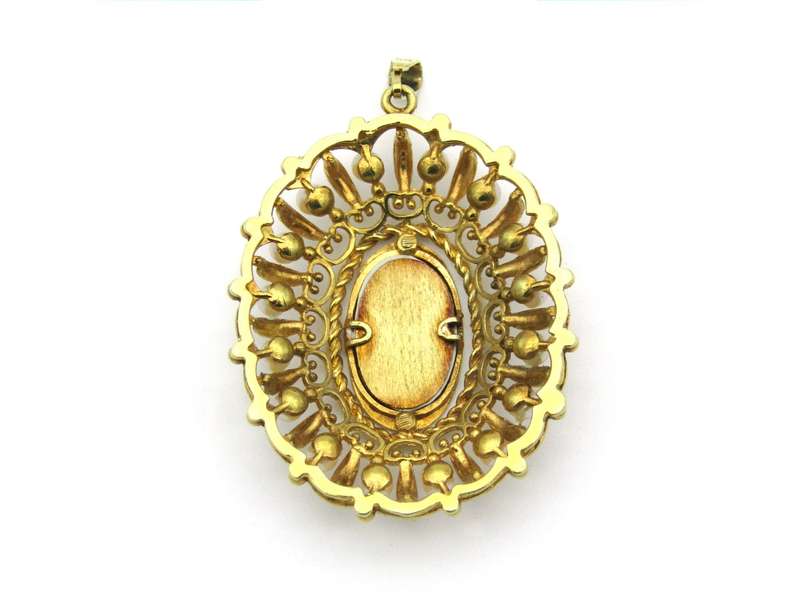 14K gold seed pearl hand painted miniature pendant, circa 1900.