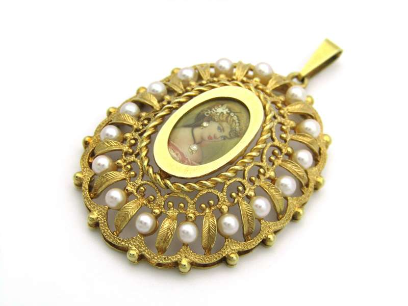 14K gold seed pearl hand painted miniature pendant, circa 1900.