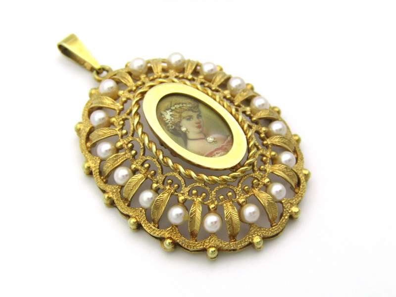 14K gold seed pearl hand painted miniature pendant, circa 1900.