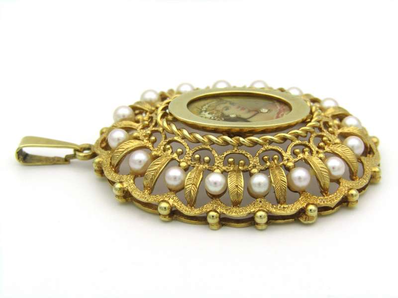 14K gold seed pearl hand painted miniature pendant, circa 1900.