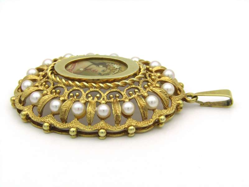 14K gold seed pearl hand painted miniature pendant, circa 1900.