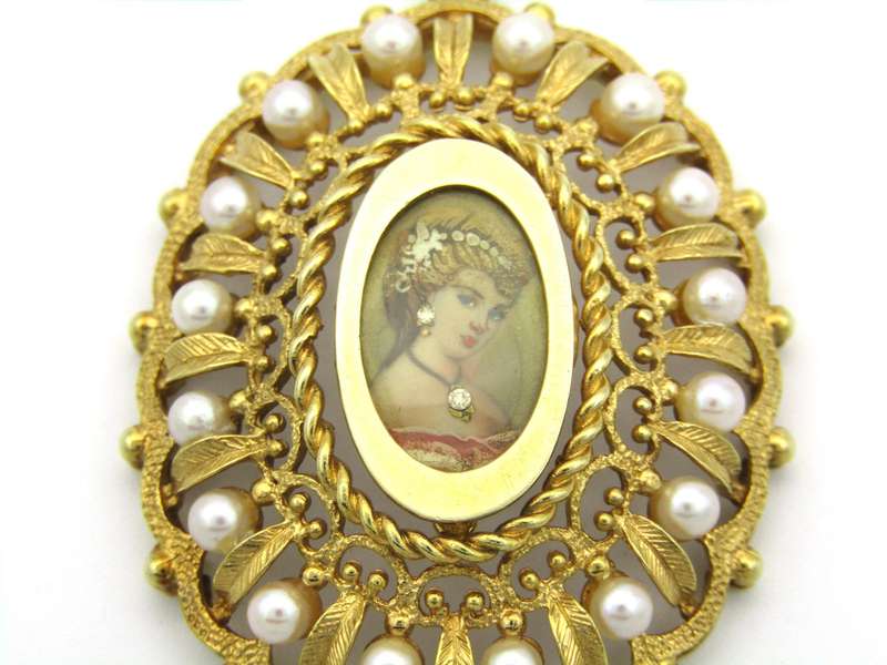 14K gold seed pearl hand painted miniature pendant, circa 1900.
