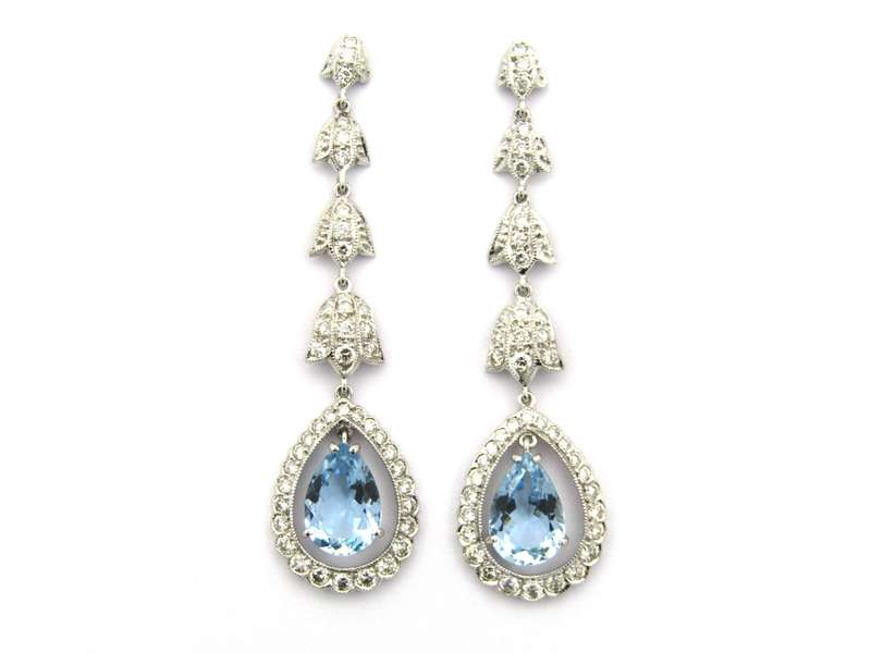 18K gold aquamarine and diamond drop earrings.