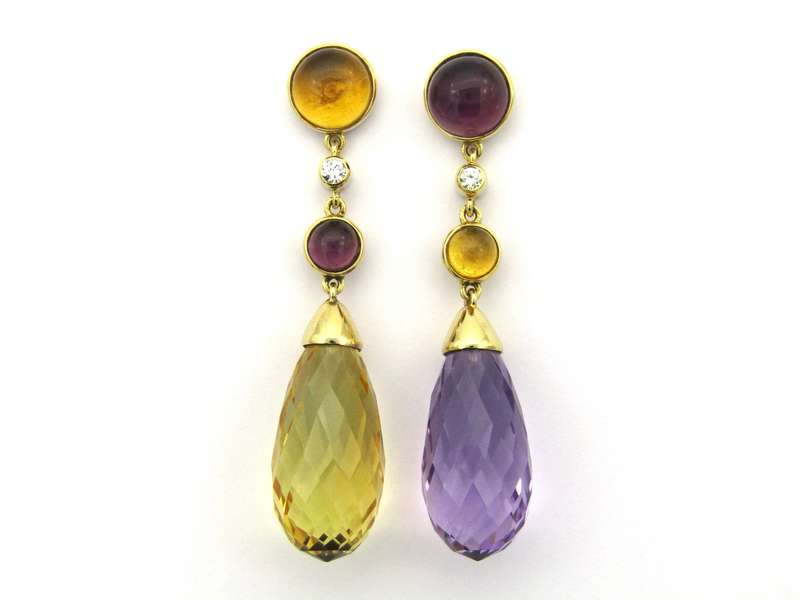 18K gold amethyst, citrine, and diamond drop earrings by Jack Friedman.